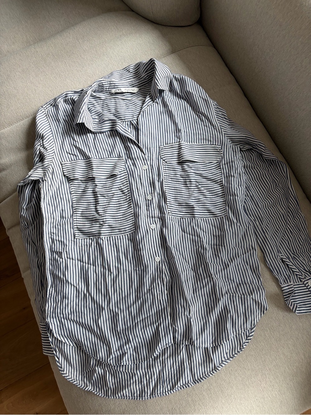 Women’s Navy and White Striped Button-Up Shirt